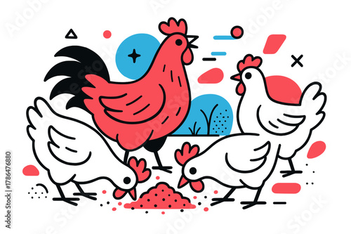 Geometric Chicken Farm. Poultry Farm. Close-up of chickens pecking feed with floating abstract geometric shapes and glowing accents, lively and productive farm