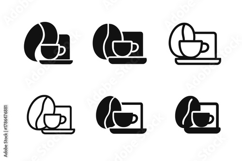 Coffee Work Logos. Drinking coffee while working. Icon set. Set Logo of drinking coffee while working: coffee bean and laptop merged into emblem. harmonious