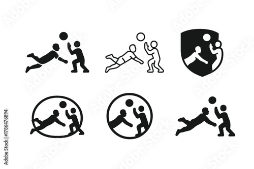 Volleyball Teamwork Logos. A person participating in a team sport like volleyball, showing teamwork. Set Logo of A person participating in a team sport like