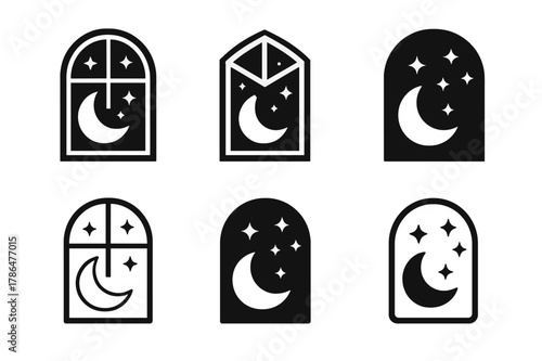 Peaceful Slumber Logos. Peaceful slumber. Set Logo of Peaceful slumber: starry night window scene. Icon set. harmonious logo variations of the same emblematic