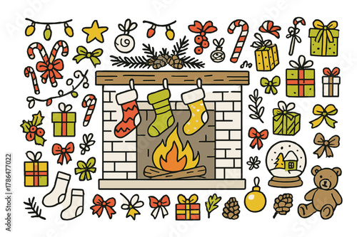 Festive Christmas Stockings. Children?s stockings. Hand-drawn doodle illustration Christmas stockings (colored), fireplace (colored), mantel (colored), candy