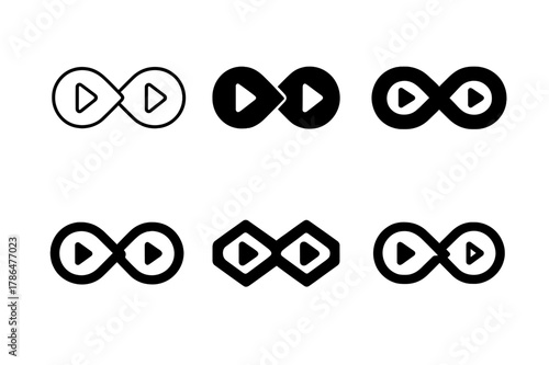 Diverse Logo Designs. Content series branding. Set Logo of content series branding: infinity loop of episodes. Icon set. harmonious logo variations of the same