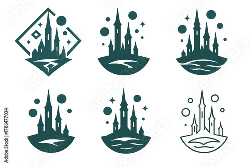 Mystical City Logos. A mystical city with towering spires and floating orbs of light. Set Logo of A mystical city with towering spires and floating orbs of