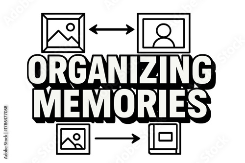 Organizing Memories Design. Bold Block Lettering ? "Organizing Memories" in massive bold geometric letters, stacked block composition, heavy outlines with