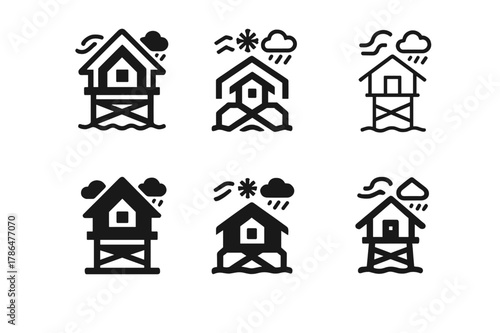 Weather-Resilient Home Logos. Building homes that can withstand extreme weather conditions. Icon set. Set Logo of building homes that can withstand extreme