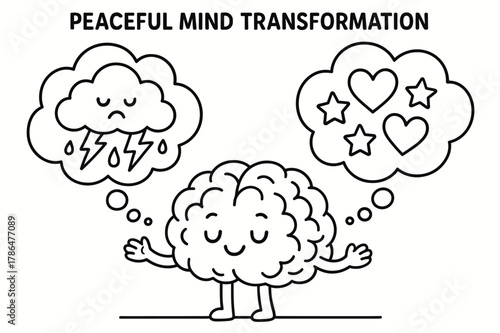 Transforming Thoughts Coloring Page. Peaceful mind transformation children?s coloring book illustration, outlined drawing, a cartoon brain turning storm clouds