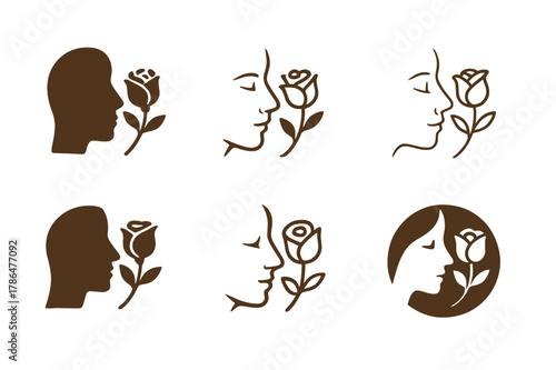 Floral Emblem Variations. Smelling fresh flowers from a bouquet. Set Logo of Smelling fresh flowers from a bouquet: single rose near nose profile. Icon set.