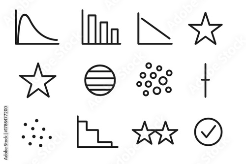 Astrophysics Icon Set. Initial Mass Function. Line icon set of Initial Mass Function: mass spectrum, histogram bars, slope line, low-mass star, high-mass star,
