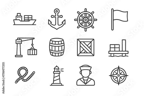 Merchant Ship Line Icons. Merchant ships and ports. Line icon set of merchant ships: cargo ship, anchor, helm, flag, crane, barrel, crate, dock,
