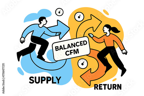 Balanced Airflow Harmony. Supply & Return Balance. A split scene shows blue supply streams and warm return currents looping in harmony. A floating tag reads