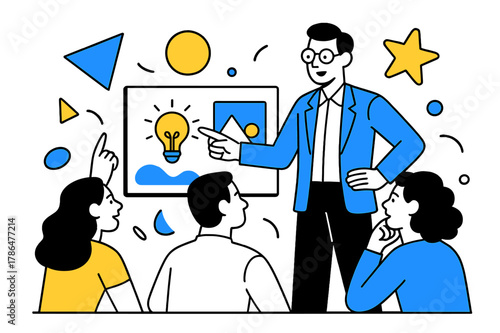 Creative Team Guidance. Team Leaders Guiding Teams in Creative Projects. Leader standing at a digital screen guiding team members with floating abstract