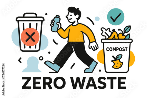 Embrace Zero Waste. Zero waste lifestyle. A trash can with a red cross, a person holding a reusable water bottle, a compost bin with a green checkmark. Modern
