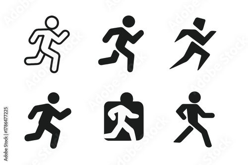 Running Icon Grid. Health and Fitness Challenges. Set Logo of Running Icon: Minimal outline, Filled silhouette, Abstract geometric, Negative space, Flat solid,