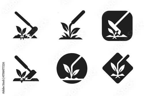 Garden Hoe Logos. Pulling weeds. Set Logo of Pulling weeds: garden hoe cutting weed at base. Icon set. harmonious logo variations of the same emblematic
