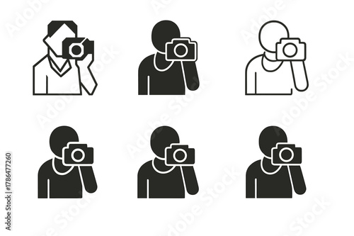 Camera Logo Variations. Holding a camera. Set Logo of Holding a camera: photographer holding camera with neck strap. Icon set. harmonious logo variations of
