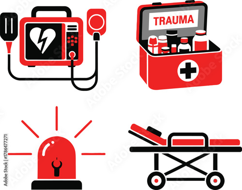 Emergency Room Icons Defibrillator, Trauma Kit, Emergency Light, Gurney