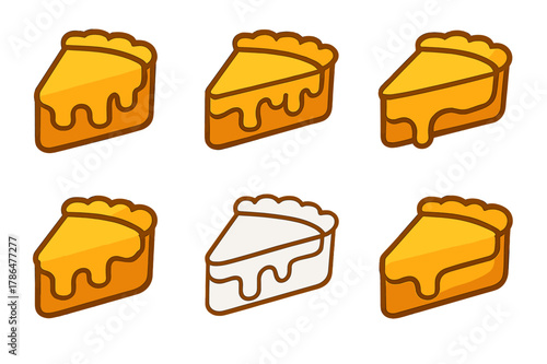 Cheese Quiche Logos. Cheese quiche. Set Logo of Cheese quiche: melting cheese slice on crust. harmonious logo variations of the same emblematic concept, each
