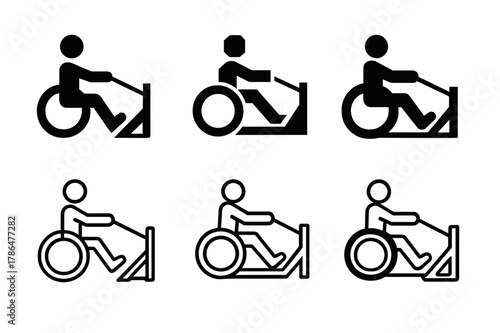 Adaptive Fitness Logos. Adaptive fitness and exercise routines. Icon set. Set Logo of adaptive fitness and exercise routines: seated cable row machine.