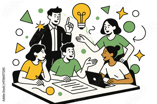 Creative Team Collaboration. Team Leaders Guiding Teams in Creative Projects. Team members brainstorming around a table with floating abstract geometric shapes