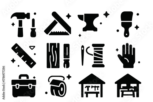 Craftsmanship Tools Icons. Craftsmanship Essentials. Solid icons set of Craftsmanship Essentials: hammer, chisel, saw, anvil, paintbrush, ruler, wood plank,