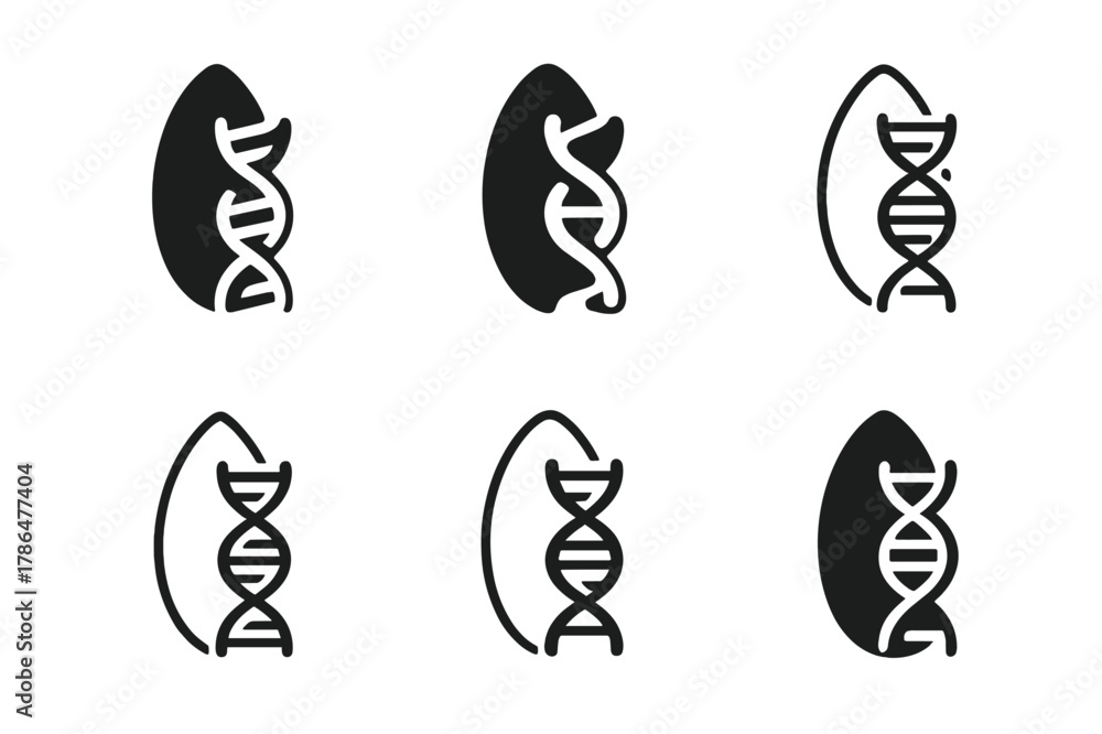 Fototapeta premium GMOs Logo Variations. Genetically modified plants and animals. Set Logo of Genetically modified plants and animals: rice grain with helix overlay. Icon set.