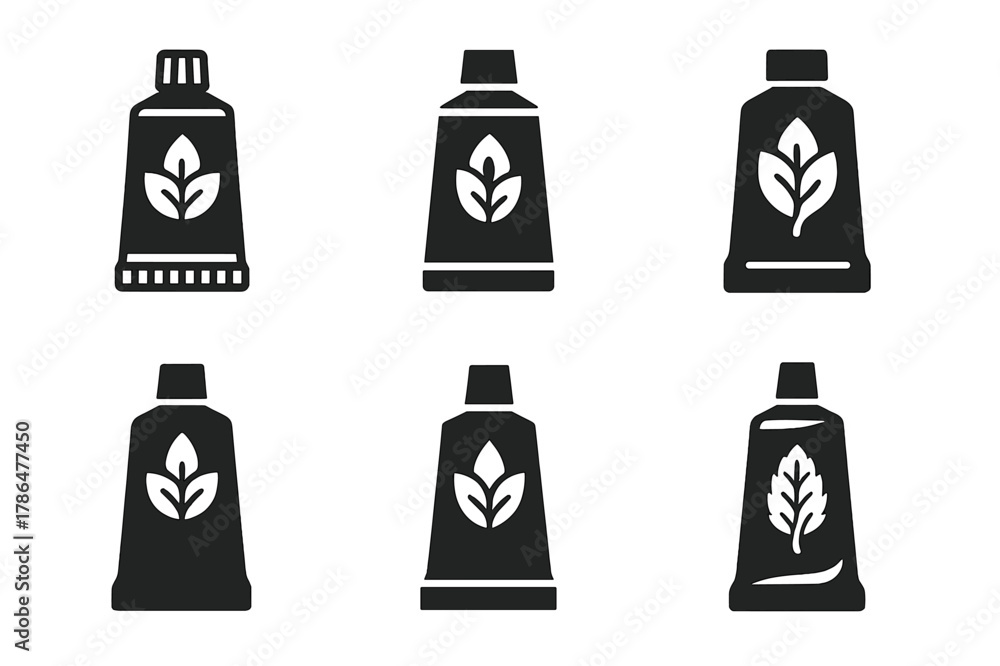 Fototapeta premium Mint Toothpaste Logos. Toothpaste tube. Set Logo of Toothpaste tube: open tube with mint leaf. Icon set. harmonious logo variations of the same emblematic