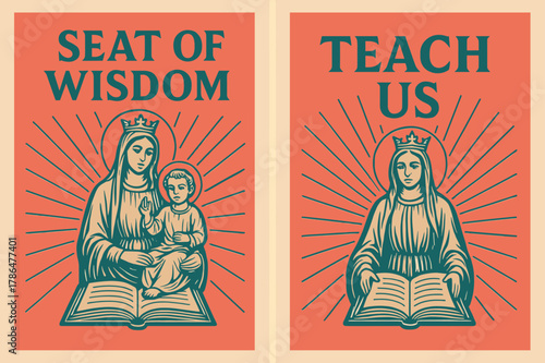 Seat of Wisdom Banners. Seat of Wisdom. Two vertical A6 banners with safe margins, centered composition, no elements touching edges, retro, coral and teal,