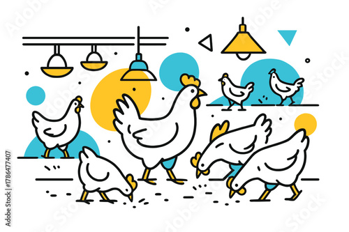 Modern Poultry Farm. Poultry Farm. Rows of chickens walking and pecking in a clean poultry farm with floating abstract geometric shapes and soft light accents,