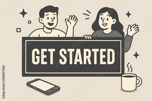 GET STARTED Banner. GET STARTED banner, flat vector illustration, bold oversized text inside rectangular frame, cartoon characters waving and smiling