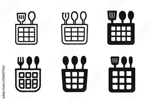 Kitchen Organizer Logos. Using drawer organizers for kitchen gadgets. Set Logo of Using drawer organizers for kitchen gadgets: utensil holder grid pattern.