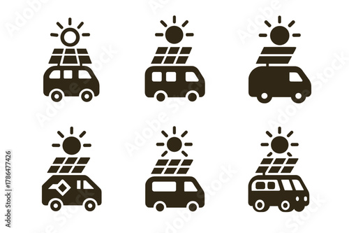 Sustainable Travel Logos. Ideas for sustainable travel. Set Logo of Ideas for sustainable travel: solar-powered camper van. Icon set. harmonious logo