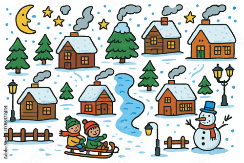 Snowy Village Scene. Snowy village. Colorful Hand-drawn doodle Children illustration Snowy village wooden cabins, rooftops with snow, street lanterns, smoke
