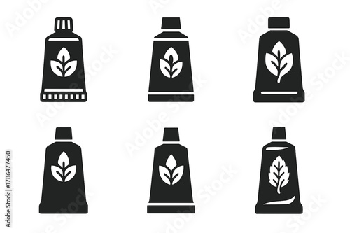 Mint Toothpaste Logos. Toothpaste tube. Set Logo of Toothpaste tube: open tube with mint leaf. Icon set. harmonious logo variations of the same emblematic