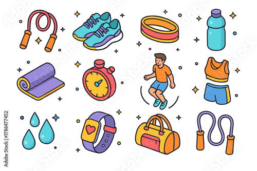 Colorful Cardio Icons. Cardio exercise. Colorful isometric vector icons set of cardio exercise: jump rope, sneakers, sweatband, water bottle, gym