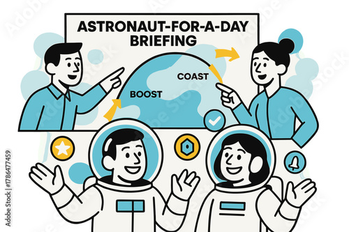 Astronaut Briefing Illustration. Astronaut-for-a-Day Briefing. Guides point to a simplified flight profile; arrows arc from ?Boost? to ?Coast? to ?Re-entry.?