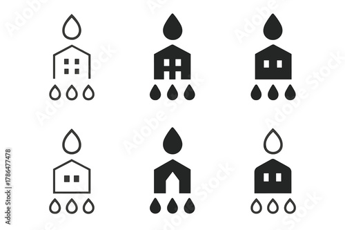 Eco Building Icons. Designing buildings with water conservation in mind. Icon set. Set Logo of eco-building design: drip irrigation feature. harmonious logo