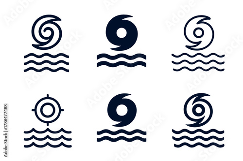 Climate Change Emblems. Climate change effects. Set Logo of Climate change effects: hurricane spiral over ocean waves. Icon set. harmonious logo variations of