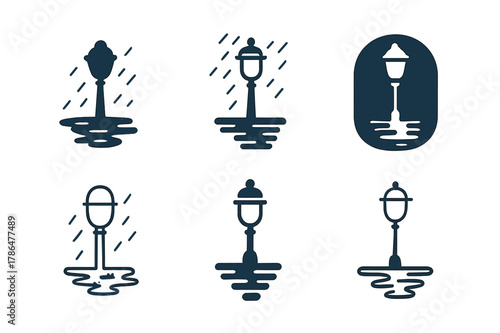 Rainy Mood Icons. Rainy mood illustration. Set Logo of Rainy mood illustration: streetlight with wet reflections. Icon set. harmonious logo variations of the