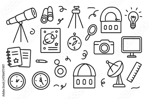 Astronomy Tools Illustration. Astronomy and observation tools. Hand-drawn doodle illustration Astronomy and observation tools telescope, binoculars, tripod,