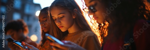 Four girls are looking at their cell phones. One girl is wearing glasses. The girls are standing outside