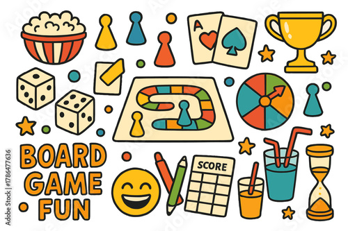 Board Game Extravaganza. Board game fun. Colorful Hand-drawn doodle Children illustration Board game fun dice, spinner, cards, pawns, game board, timer,