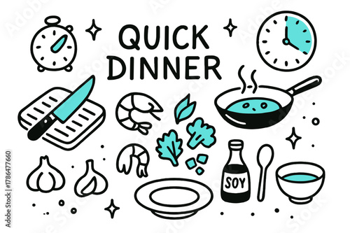 Quick Dinner Doodle. // Quick dinner. Hand-drawn doodle illustration Quick dinner [timer (accented), wok (accented), cutting board, knife (accented), garlic,