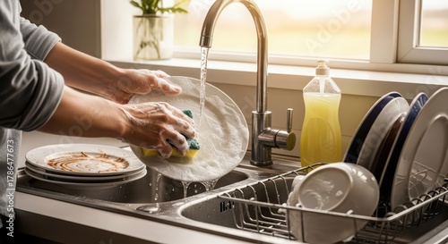 Woman wash dish by hand with a Sponge and soap suds in sink. Daily house chore and domestic routine. Clean kitchen dishware concept.