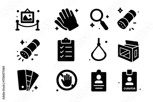 Inspection Tools Icons. Preview and condition report. Solid icons set of Preview and condition report: preview room, white gloves, magnifying loupe, UV