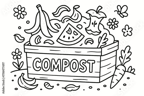 Compost Coloring Fun. Compost children?s coloring book illustration, outlined drawing, a compost bin with fruit and vegetable peels, educational design for