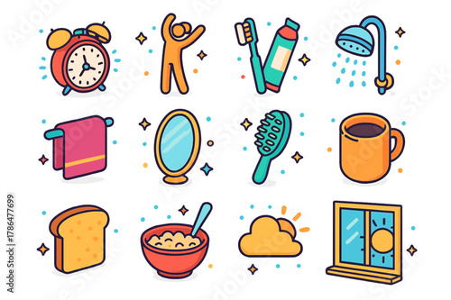 Morning Routine Icons. morning routine. Colorful isometric vector icons set of morning routine: alarm clock, stretching figure, toothbrush, toothpaste, shower