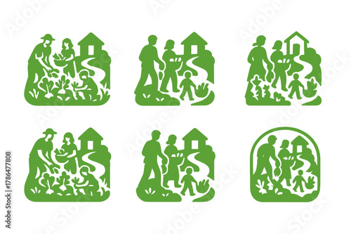 Farm-to-Table Family Icons. A family picking fresh vegetables from their garden in the countryside. Set Logo of a family picking fresh vegetables from their