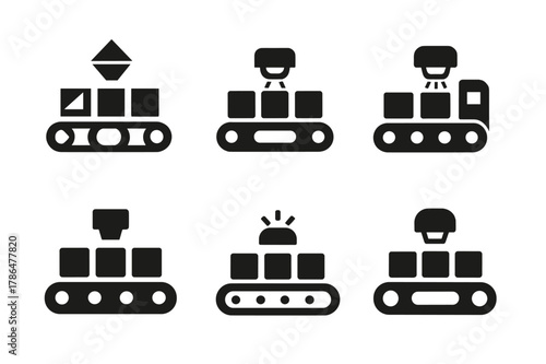 Workplace Automation Logos. Workplace automation. Set Logo of Workplace automation: conveyor belt with boxes and scanner. Icon set. harmonious logo variations