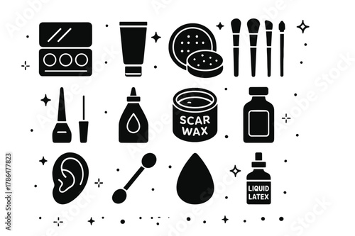 Cosplay Makeup Icons. Cosplay makeup and SFX. Solid icons set of Cosplay makeup and SFX: makeup palette, foundation tube, setting powder, brush set, liquid