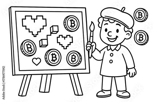 Crypto Kids Coloring. Blockchain art and cryptocurrency concepts children?s coloring book illustration, outlined drawing, a smiling artist character holding a